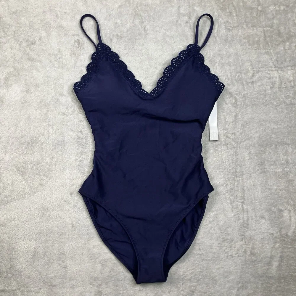 J Crew Eyelet Lana One-Piece Womens 8 Navy Blue Classic Sculpt CS552 Resort